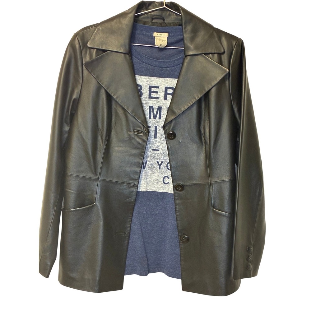 Vintage East 5th Black Genuine Leather Blazer Jacket Womens Medium Y2K 70s Style